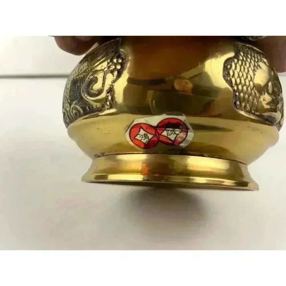 VTG Brass Chinese Dragon Bowl‎ Small Pot Incense Etched Design 3.25